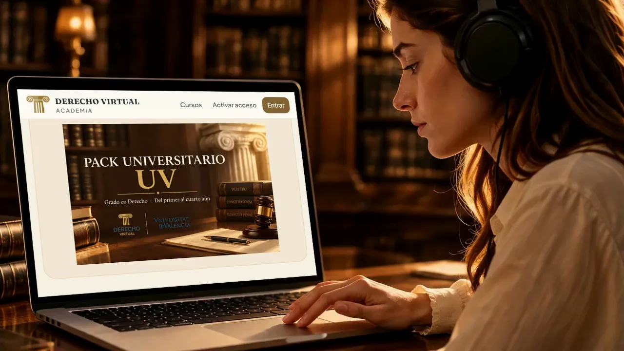 Estudiante con auriculares consultando el pack UV de la Academia de Derecho Virtual en su portátil