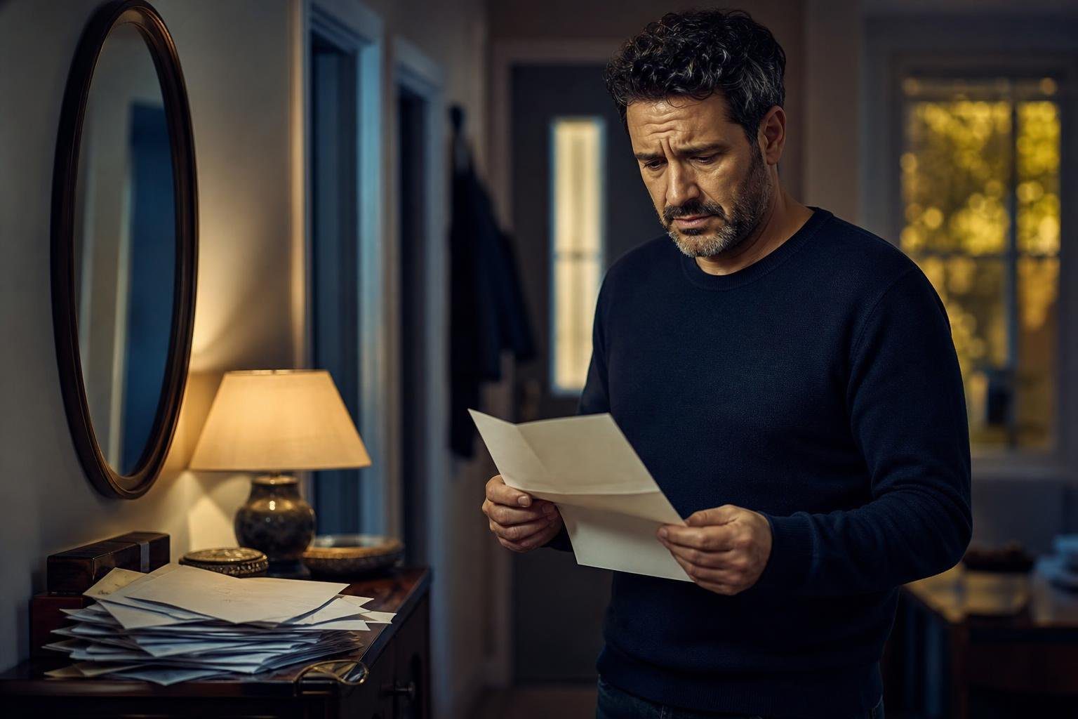 Hombre preocupado leyendo una multa de tráfico en casa un viernes por la tarde