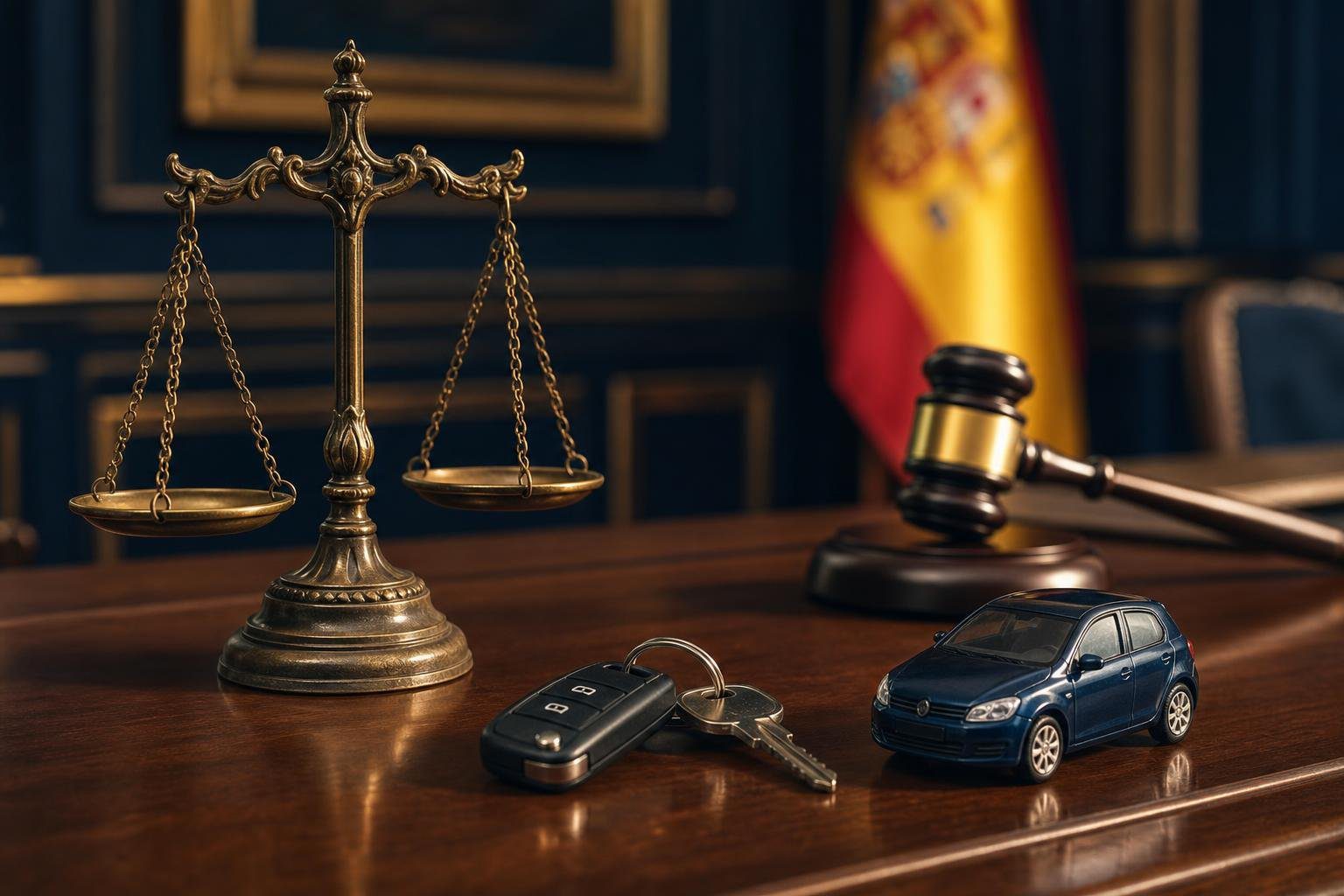 Balanza de la justicia y llaves de coche: ganar el recurso de una multa
